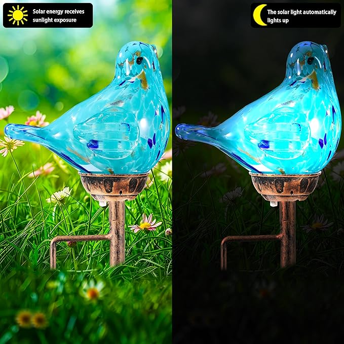 Solar Bird Garden Stake Lights - Hand Blown Glass Decorative Garden Pathway Lights Outdoor Waterproof Bird Glass Stakes (Light Blue)