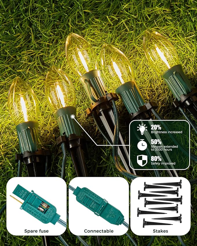 C9 Christmas Lights, 51.4ft Christmas Pathway Lights Outdoor with 40 LED Bulbs and Stakes, Connectable Waterproof | Lumora