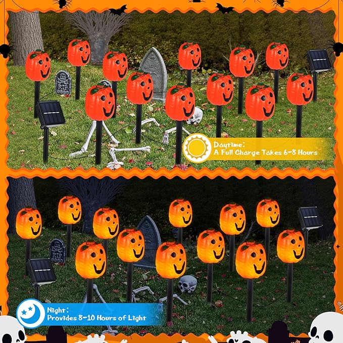 12 Pack Halloween Pumpkin Pathway Solar Lights, Orange Yard Stake Pumpkin Shaped Pathway Lights Outdoor Waterproof | Lumora