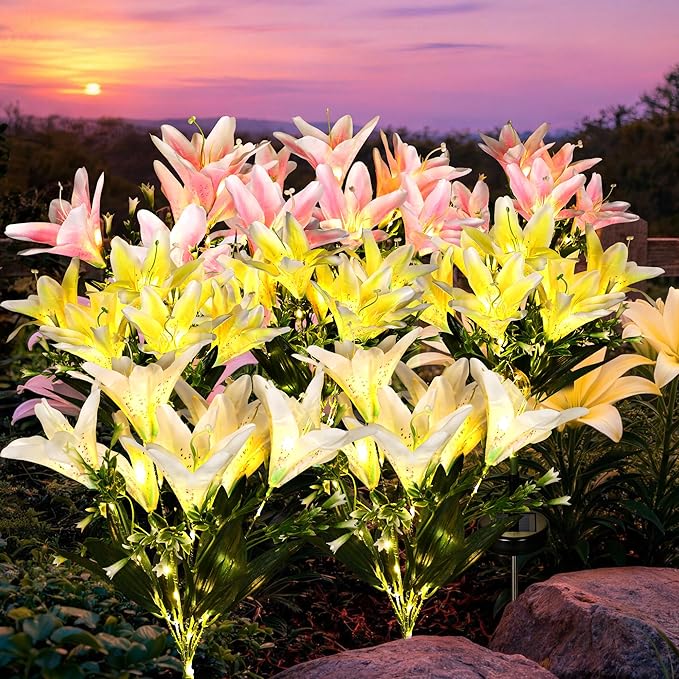GIGALUMI Solar Garden Lights, LED Lily Garden Decor Carefree Solar Flowers Outdoor Waterproof, Yard Decorations Outdoor, Allergy-Free, Everlasting Light up Flowers for Yard Patio Garden (Set of 8)