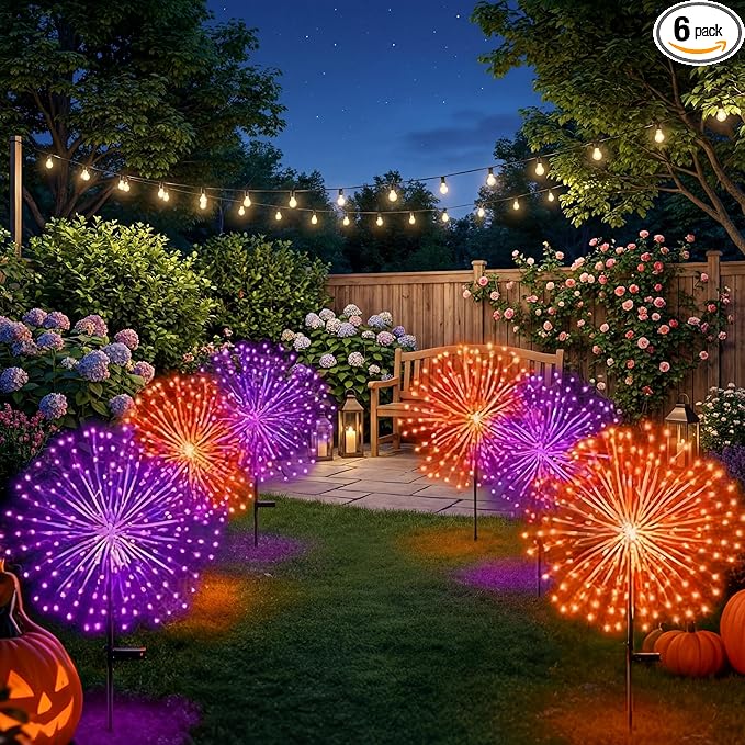 6 Pcs Christmas Solar Firework Stake Lights 180 LED 8 Modes Solar Waterproof LED Sparkler Lights Outdoor Decoration for Christmas Holiday Garden Patio Yard Pathway Walkway, Orange, Purple