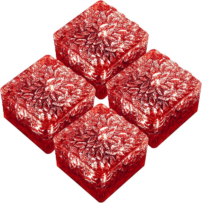 keeda Solar Brick Lights Waterproof Solar Path Ice Cube Lights Outdoor LED Decorative Ice Block Floor Tile Lights for Garden, Pathway, Patio, Walkway (Red, Pack of 4)