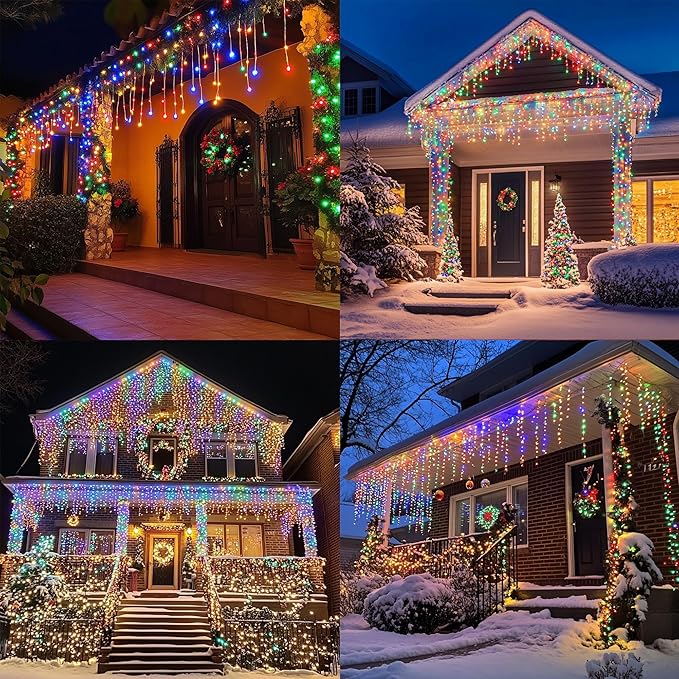 Dazzle Bright Christmas Icicle Lights, 88.5 FT 1080 LED 8 Modes Curtain Fairy Lights with 180 Drops, Xmas String Lights for Outdoor Holiday Wedding Party Decorations (Multi-Colored) (Pack of 2)