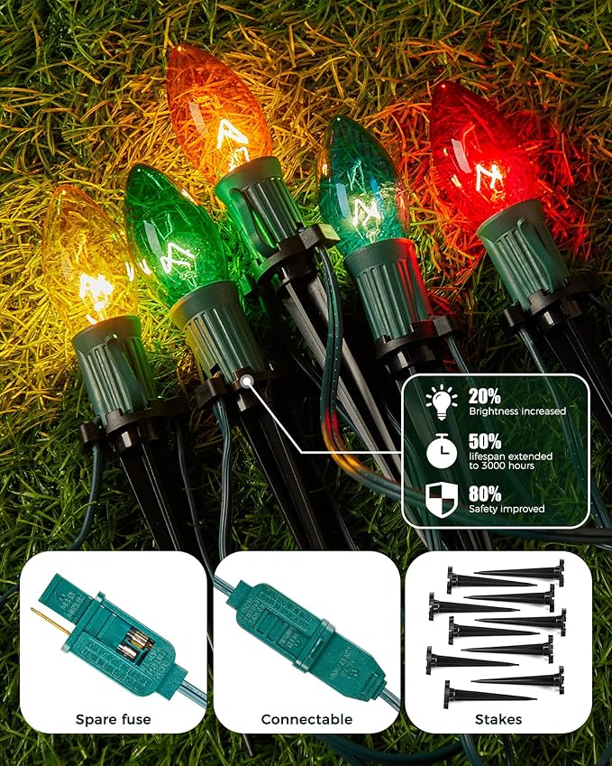 Christmas Pathway Lights Outdoor, 25.7 Feet C9 Lights with 20 Multicolor Bulbs and Stakes, Connectable Outdoor | Lumora