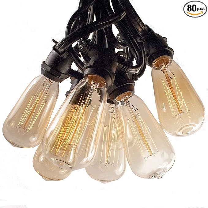 Hometown Evolution, Inc. Commercial Edison Bulb Outdoor String Lights with Hand-Threaded Filament (ST40 Lantern Edison - Commercial Black Wire, 100 ft)