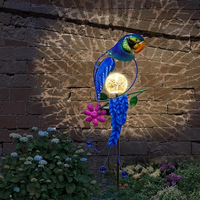 SmilingTown Solar Parrot Stake Lights Crackle Glass Globe Landscape Lamps Antique Metal Waterproof Decorative Light for Outdoor Pathway Lawn Patio Yard Warm White