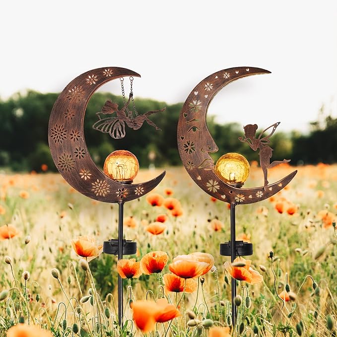 TERESA'S COLLECTIONS 2 Pcs Fairy Moon Garden Accessories for Yard Decorations Outdoor, Solar Lights for Garden Decor Outside, 40" Metal Yard Stake Pathway Lights for Patio, Gift for Christmas