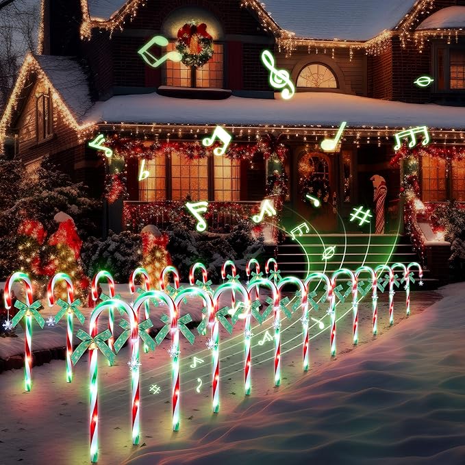 Hiboom 12 Pcs Christmas Candy Cane Light with 4 Christmas Theme Music, 20'' Pathway Markers Lights with Stakes Holiday Driveway Light for Xmas Holiday Party Walkway Garden Decor(Red, Green, White)