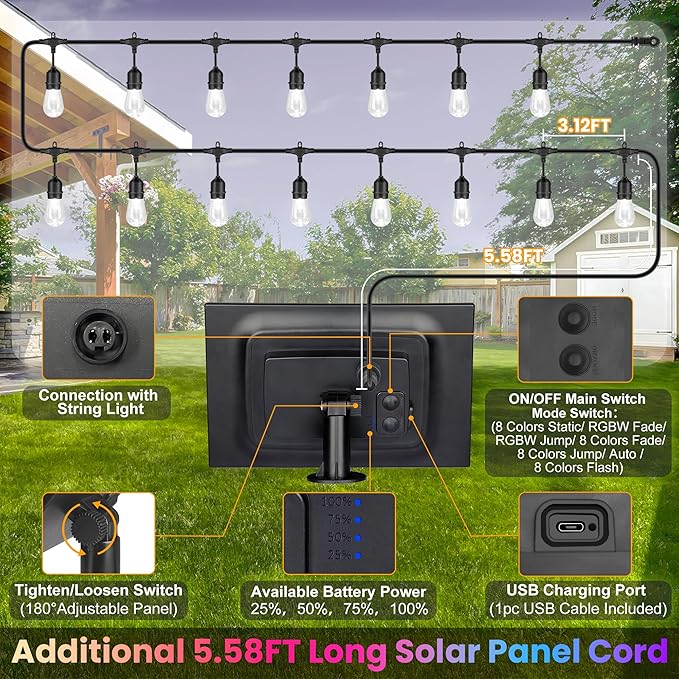 100FT(2x50FT) RGB Solar Outdoor String Lights with Remote, Multicolor&Warm White Dimmable Waterproof Patio Lights | Lumora