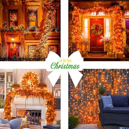 JMEXSUSS 33ft 100 LED Orange Christmas Lights, Battery Operated Christmas Lights, Orange String Lights with Remote Indoor Outdoor Waterproof for Fall Xmas Decorations
