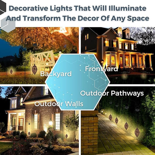 Solar Outdoor Lanterns - Hanging Lights, Set of 2 Moroccan Style Garden Party Decorative Rechargeable Lantern, Hurricane Lamps are Great for Front Porch, Patio and Yard
