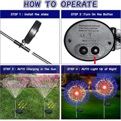 [Upgrade] 4th of July Decorations Outdoor Solar Lights, 2 Pack Solar Powered Firework Lights with 8 Modes Red White Blue LED Lights Patriotic Decorations for Memorial Day Presidents Day Veterans Day