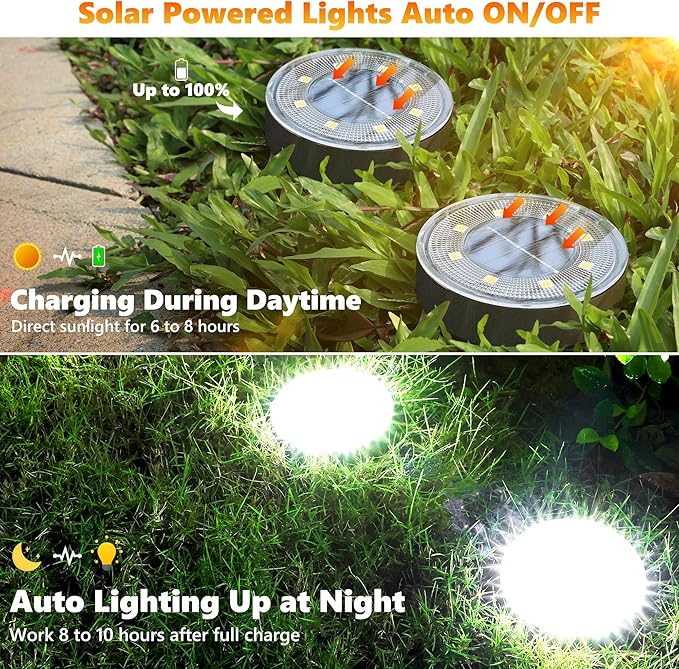 Joomer Solar Ground Lights, 8 Pack 8 LED Solar Lights Outdoor Waterproof IP68 Solar Disc Lights In-Ground Landscape | Lumora