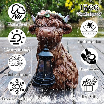 Garden Highland Cow Statue Solar Outdoor Decor with Flower Decoration，Funny Triple Highland Cow Decor Birthday Gifts for Women Mom，Highland Cows Figurine for Yard Garden Patio Lawn Ornaments