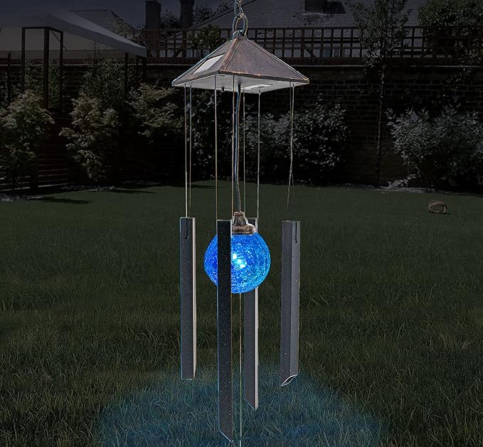 Solar Wind Chimes w/Color Changing Crackle Glass Globe Light w/Butterfly & 4 Iron Tubes - Outside Hanging Led Solar Lights Outdoor Garden Lantern Light