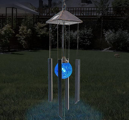 Solar Wind Chimes w/Color Changing Crackle Glass Globe Light w/Butterfly & 4 Iron Tubes - Outside Hanging Led Solar Lights Outdoor Garden Lantern Light