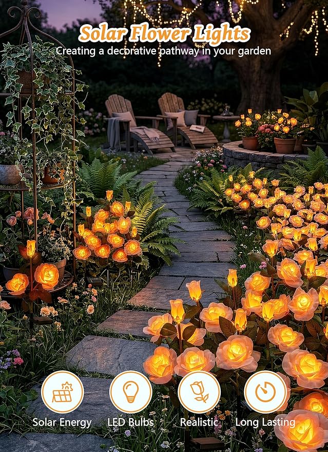 Brightown Outdoor Solar Flower Lights, 4 Pack Solar Garden Light with Larger & More Realistic Champagne Rose, Bigger Solar Panel, Waterproof Solar Lights Outdoor for Yard Garden Lawn Pathway Decor