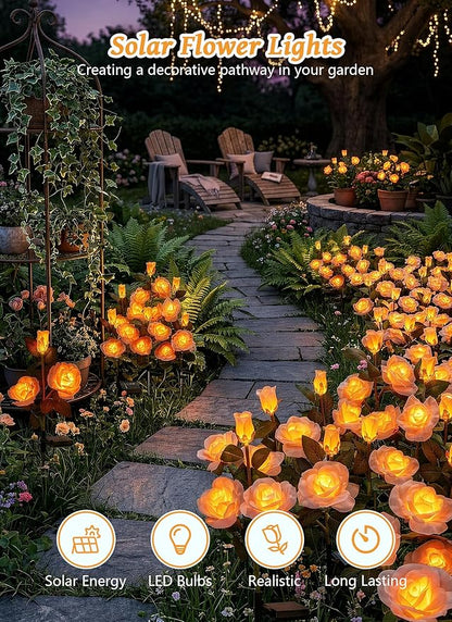 Brightown Outdoor Solar Flower Lights, 4 Pack Solar Garden Light with Larger & More Realistic Champagne Rose, Bigger Solar Panel, Waterproof Solar Lights Outdoor for Yard Garden Lawn Pathway Decor