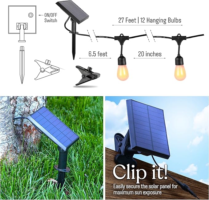 Brightech Ambience Pro Solar Powered LED Outdoor String Lights - 27 Ft Commercial Waterproof Patio Lights with Flaming, Flickering Bulbs - Shatterproof String Lights for Halloween, Porch, Deck