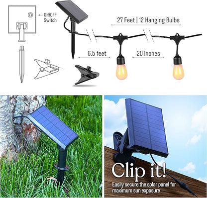 Brightech Ambience Pro Solar Powered LED Outdoor String Lights - 27 Ft Commercial Waterproof Patio Lights with Flaming, Flickering Bulbs - Shatterproof String Lights for Halloween, Porch, Deck