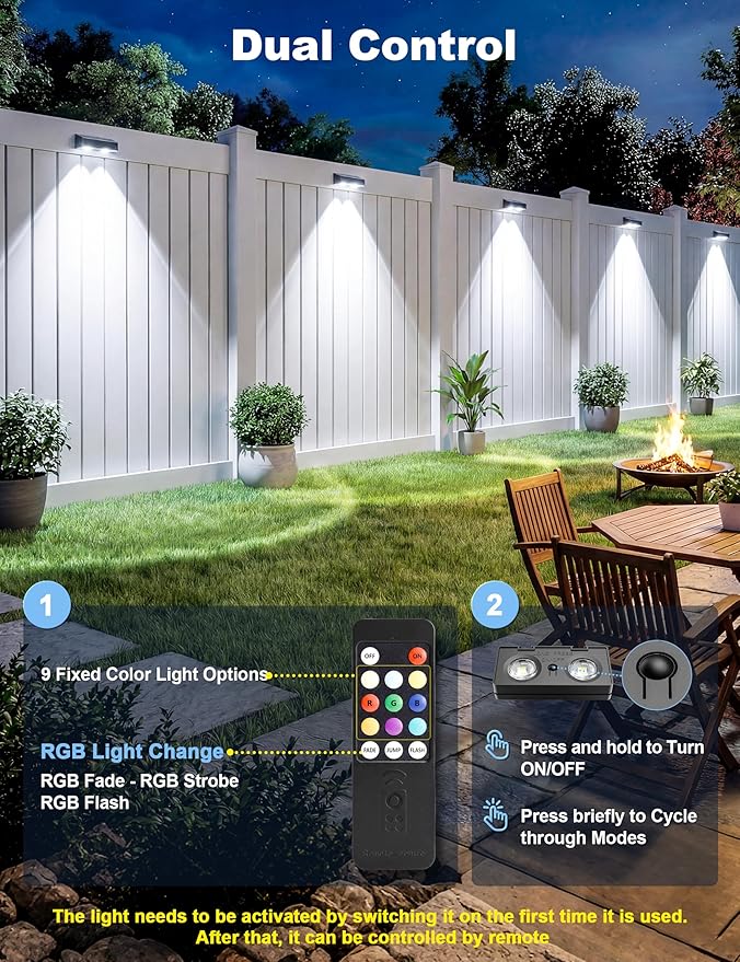 Fence Lights Solar Powered with Remote, 9 Fixed Colors 12 Modes, Solar Fence Lights Outdoor Waterproof, Warm/Cool White, RGB LED Deck Lights for Yard/Railing/Balcony/Patio/Stair/Outside, 8 Pack