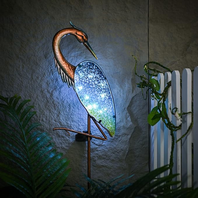 TERESA'S Collections Blue Heron Outdoor Solar Lights for Garde Decor, Metal Yard Decorations Outdoor Decorative Garden Stake for Outside, Yard Art Pathway Lights for Patio Decor 43",Gifts for Mom