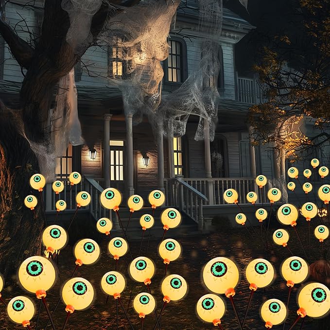 JOYIN Halloween Decorations Outdoor Solar Scary Eyeball Lights, 8 Pcs 48LEDs Warm Pathway Yard Stakes, Waterproof Firefly Lights for Halloween Graveyard Yard Garden Patio Walkway Party