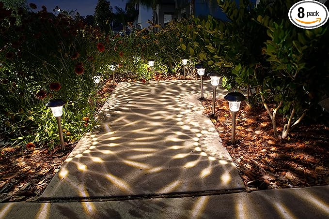 Morvat LED Solar Powered Outdoor Landscape Path Lights with Stainless Steel & Glass Lens, Up to 8 Hours Lighting for Garden Lawn Yard Walkway & Pathway, Waterproof, Dusk to Dawn, Warm Light, 8 Pack