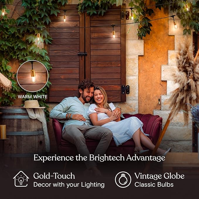 Brightech Glow LED String Lights - 48 Ft Commercial Grade Patio Lights with Beautiful Brass Accents - Outdoor Waterproof Globe Porch String Lights for Outside, Backyard, Gardens - 15 2W LED Bulbs