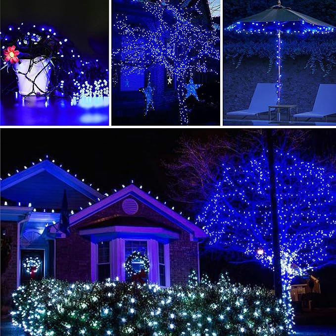 QITONG 2 Pack Blue Solar Christmas Lights, Each 66ft 200 LED String Lights Outdoor Waterproof, 8 Modes Green Wire | Lumora