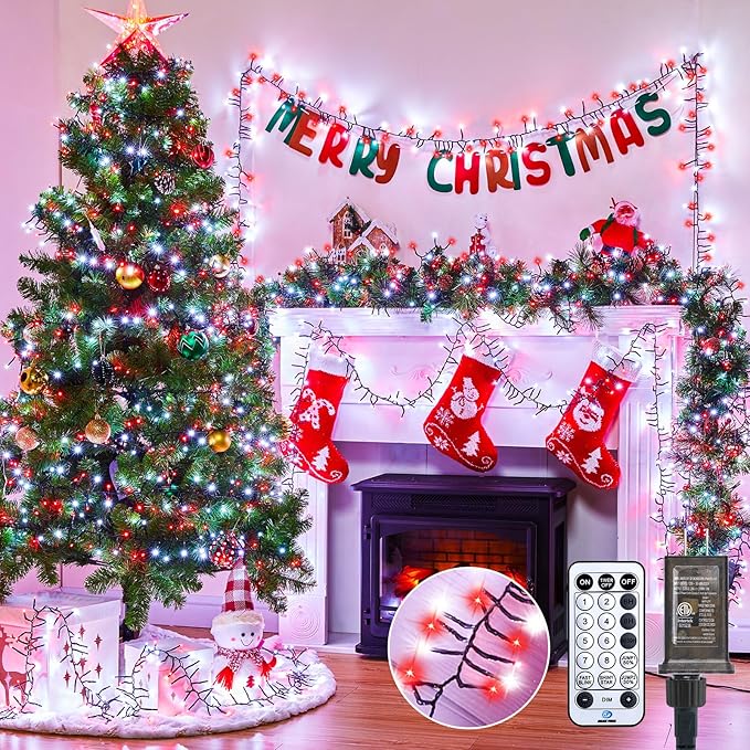 Minetom 50 Ft 1000 LED Cluster Lights Christmas Tree Lights Outdoor Christmas Firecrackers String Lights, 12 Modes Timer Remote Waterproof Plug in Twinkle Lights for Xmas Tree Party, Red ＆ Cool White