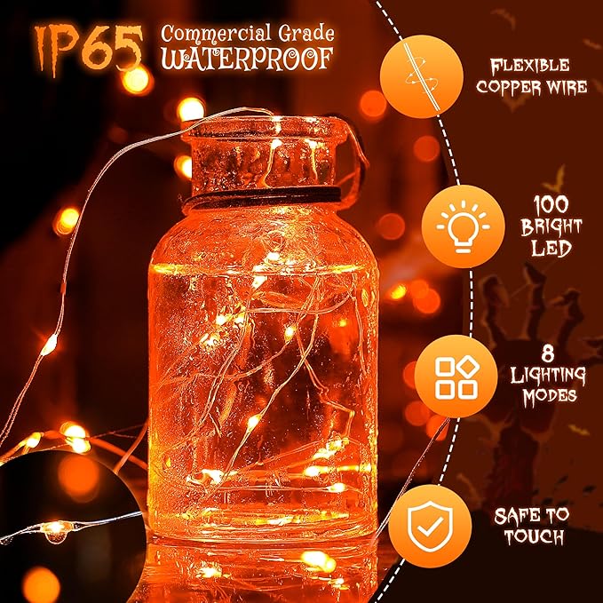 Ｗoohaha Solar Halloween Lights Outdoor,2 Pack Each 33Ft 100LED Orange Halloween Lights,Copper Wire Solar Powered | Lumora