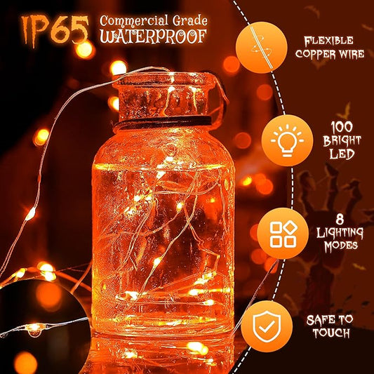 Ｗoohaha Solar Halloween Lights Outdoor,2 Pack Each 33Ft 100LED Orange Halloween Lights,Copper Wire Solar Powered Fairy String Lights 8 Modes for Garden,Tree,Thanksgiving,Christmas,Parties,Home Decor