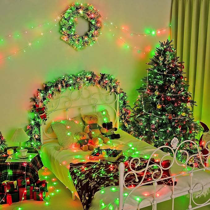 JMEXSUSS 600 LED Christmas String Lights Outdoor, Red White and Green Lights Clear Wire, Christmas Tree Twinkle String Lights Plug in for Tree Xmas Decorations