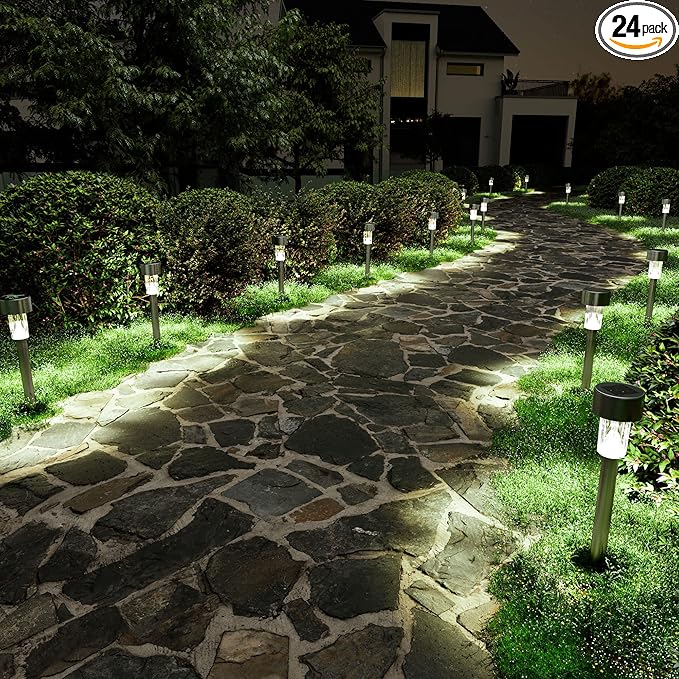 SOLPEX 24 Pack Solar Outdoor Lights Pathway, Stainless Steel Solar Lights Outdoor Waterproof,LED Landscape Lighting Walkway for Landscape/Patio/Lawn/Yard/Driveway-Cold White