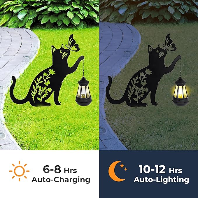 Cat Solar Lights Outdoor Garden, 2 pcs Lantern Stakes Decorative Black Ornament with Butterfly,Metal Garden Decor Art for Outside Lawn Yard Patio, Cat Yard Art Gifts for Halloween,Christmas