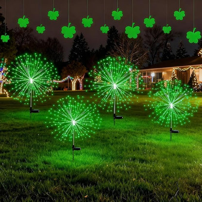 4 Pcs St Patricks Day Solar Lights Solar Firework Lights Decoration 180 LED 8 Modes Waterproof LED Stake Sparkler Decor for Irish Walkway Pathway Driveway Garden Patio Yard Lawn(Green)