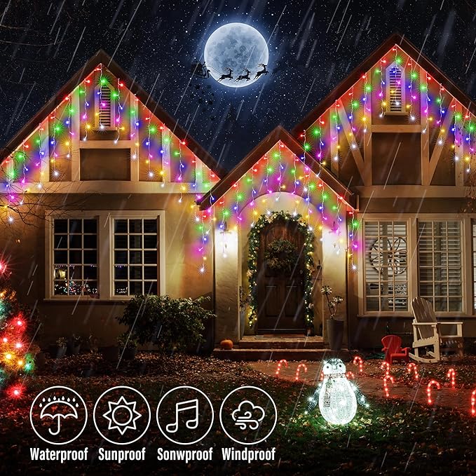 Joomer Christmas Icicle Lights - 19FT Outdoor String Lights Waterproof, 8 Modes Timer Connectable Plug-in String Light for Christmas Party, Eaves, Roofs, Xmas Decorations (Multicolor)