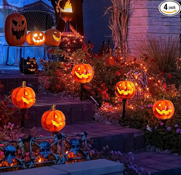 4 Pack Halloween Pumpkin Pathway Solar Lights, Orange Yard Stake String Lights Halloween Outdoor Decorations | Lumora