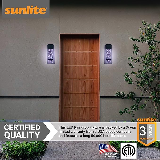 Sunlite LED Wall Sconce, Black Metal Frame with Raindrop Effect Glass Panel, 6.5" Wide, 5000K Super White, Indoor & Outdoor, ADA Compliant