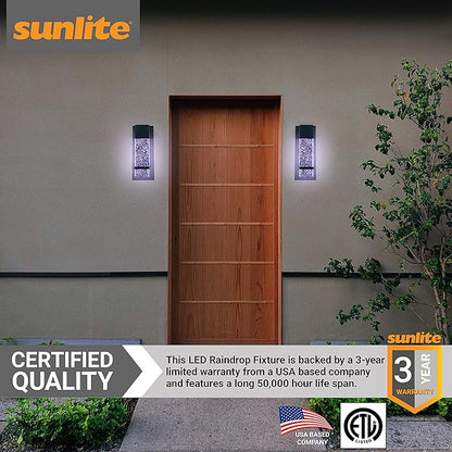 Sunlite LED Wall Sconce, Black Metal Frame with Raindrop Effect Glass Panel, 6.5" Wide, 5000K Super White, Indoor & Outdoor, ADA Compliant