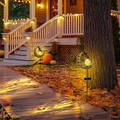 Fairy Garden Solar Lights Outdoor Moon Stakes, Waterproof Outdoor Metal Decor Gifts for Women Mom, Art Moon Sculpture for Yard, Patio, Garden, Porch, 2 Pack