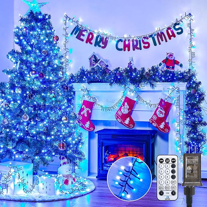 Minetom 50 Ft 1000 LED Cluster Christmas Tree Lights Outdoor Firecrackers String, 12 Modes Timer Remote Waterproof Plug-in Twinkle for Xmas Tree Party, Blue & Cool White