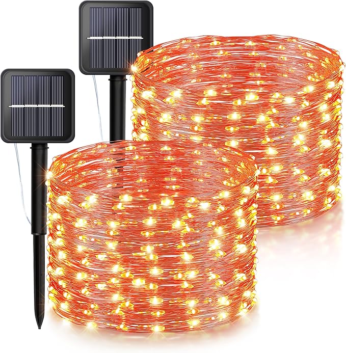 Ｗoohaha Solar Halloween Lights Outdoor,2 Pack Each 33Ft 100LED Orange Halloween Lights,Copper Wire Solar Powered | Lumora