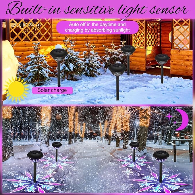 Retisee 4 Pack Outdoor Christmas Decorations, Solar Christmas Pathway Lights LED Snowflake Waterproof Solar Projector Lights for Outdoor Garden Yard Patio Xmas Decor