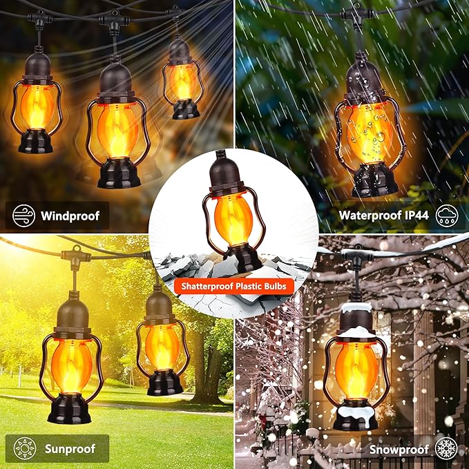 Flame String Lights Indoor Outdoor, 21FT Patio Lights with 10 Flickering Flame Bulb, Timer, Waterproof LED Outdoor Decorative Orange Lights for Patio, Yard, Bistro, Porch, Garden Decor