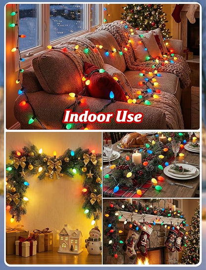 C7 Incandescent Christmas Lights Outdoor,Colored Christmas Tree Lights with 27 Glass 5w Bulbs(2 Spare),Vintage Xmas Lights Outdoor for Holiday/Paty/Patio/House Decor,E12 Base,Green Wire