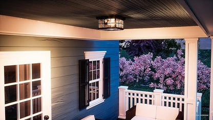 Urban Ambiance Luxury Craftsman Outdoor Ceiling Light, Small Size: 5.75" H x 12" W, with Tudor Style Elements, Highly-Detailed Design, High-End Black Silk Finish and Water Glass, UQL1248