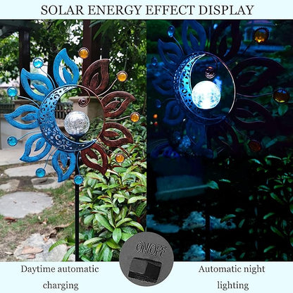 Sun Moon Solar Lights Garden Stake Outdoor Decoration,Sun Moon Crackle Glass Globe Solar Metal Stake Light, Waterproof LED Light for Pathway Lawn Patio Courtyard Backyard(39 Inch)