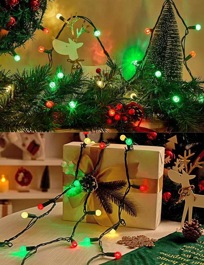BOHON Christmas Lights 17FT 50 LED Faceted G15 Red White and Green String Lights Outdoor Plug in Commercial Lighting Grade Tree Decorations for Indoor Xmas Decor, Green Wire, Waterproof